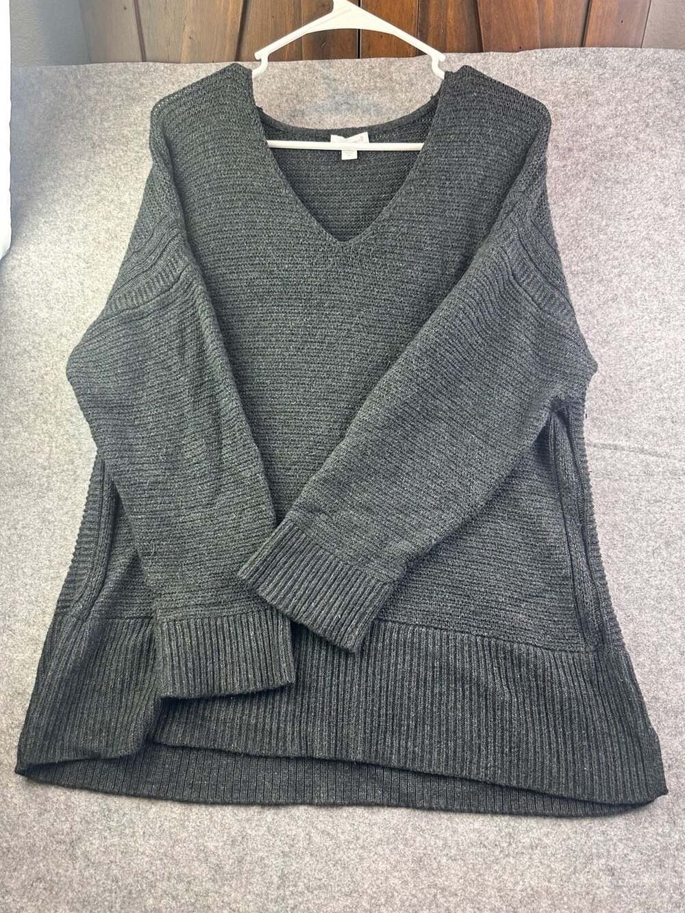 Pure Jill Women's Dark Gray Cotton Cashmere Blend V-Neck Oversized Sweater XL